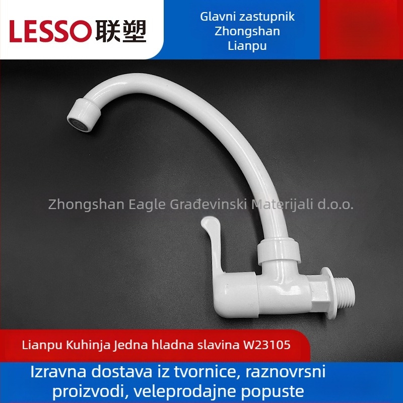 Plastična kuhinjska slavina, samo hladna voda, zakrivljen dizajn s filtrom i brzim uključivanjem — model W23105; DN15 (15 mm) ulaz/izlaz; nominalni tlak 1,0 MPa; radna temperatura ispod 45°C; keramički jezgreni ventil.