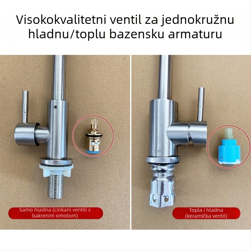 Kuhinjska slavina od 304 nehrđajućeg čelika, brušena površina, zidna montaža, okretna, keramički disk ventili