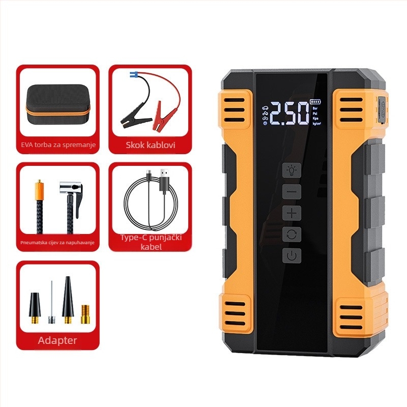 Automobilski napuhivač i uređaj za početak u hitnim slučajevima – 14.8V, 120W, 35 L/min, Digitalni zaslon, Rad 5–20 min