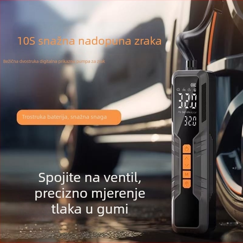 Kompaktna pumpa za auto gume, s digitalnim zaslonom, USB punjenje ili napajanje iz utičnice auta, 80 W, 11.1 V, 25 L/min