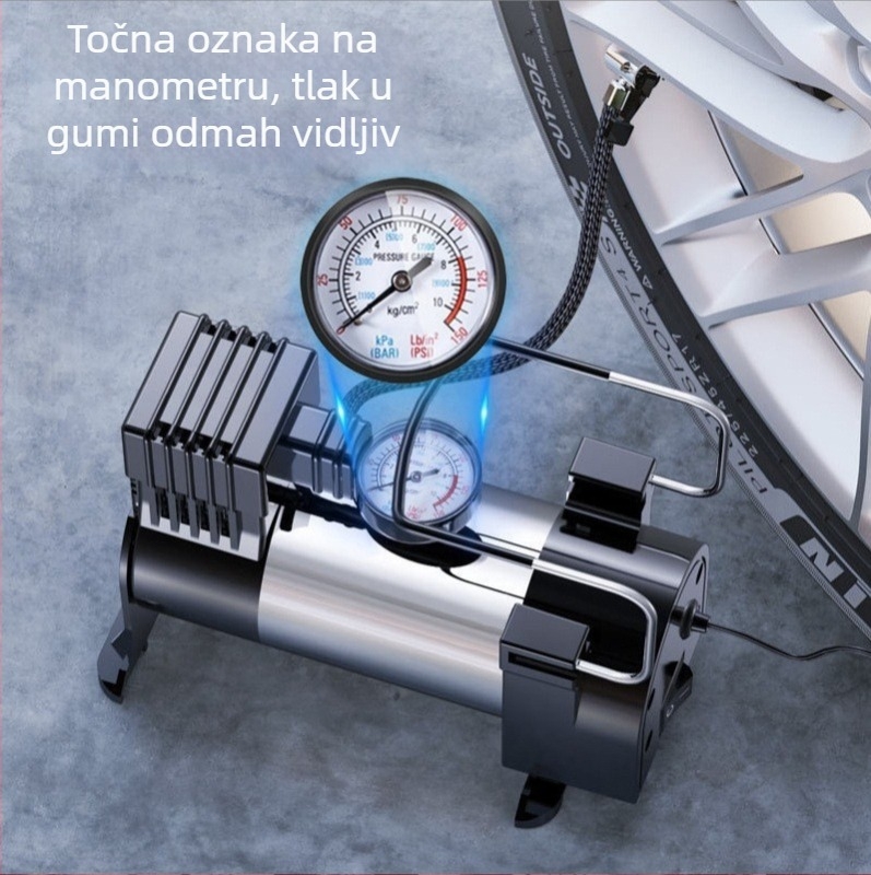 Prijenosna automobilska pumpa za zrak 12V, 120W, 40 L/min, s manometrom, kabel duljine 1,5–3 m