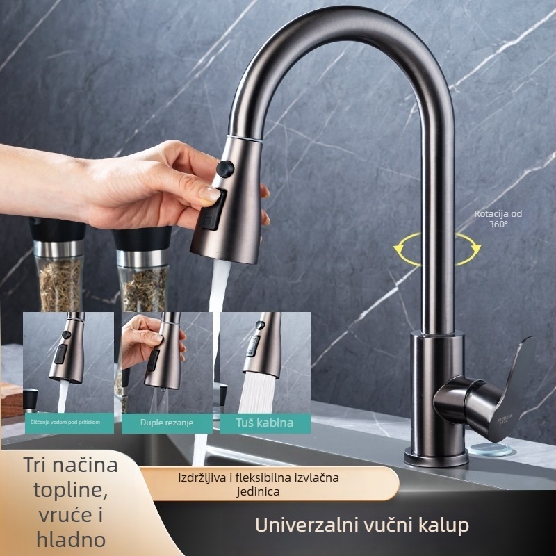 Kuhinjski slavina s izvučnim izlazom, topla i hladna voda, nehrđajući čelik 304, keramički ventil, model B8068