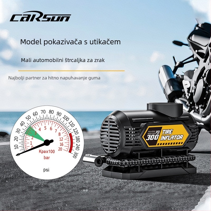 Automehanička pumpa za gume, prijenosna s manometrom, 12V, 80W, protok zraka 30 L/min, pokazivač zaslona, kontinuirani rad više od 20 minuta