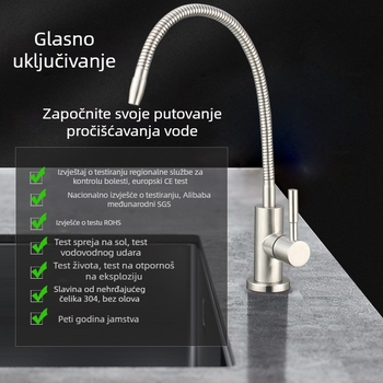 304 nehrđajući čelični univerzalni faucet za filtriranu vodu, keramički jezgreni ventil, brušeni završni sloj, priključci s dvostrukim navojem, ručna ugradnja