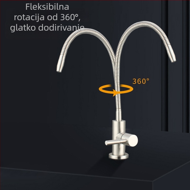 304 nehrđajući čelični univerzalni faucet za filtriranu vodu, keramički jezgreni ventil, brušeni završni sloj, priključci s dvostrukim navojem, ručna ugradnja