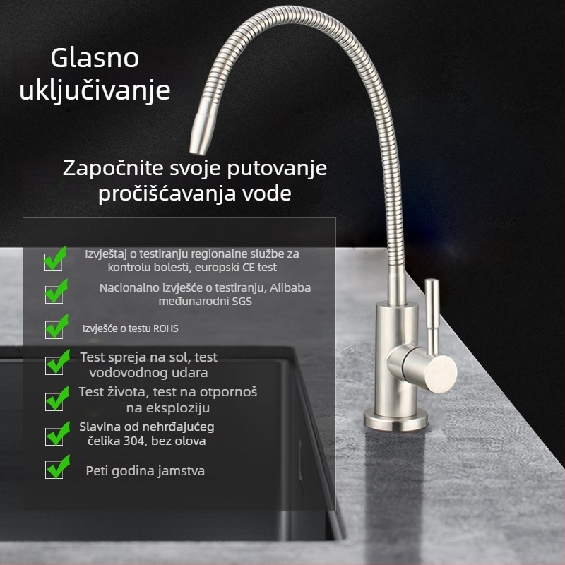 304 nehrđajući čelični univerzalni faucet za filtriranu vodu, keramički jezgreni ventil, brušeni završni sloj, priključci s dvostrukim navojem, ručna ugradnja