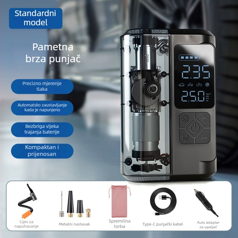 Automobilska pumpa za napuhivanje s digitalnim zaslonom, 12V, 100W, 25 L/min, USB punjenje
