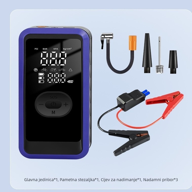 Automobilski hitni pokretač s ugrađenom pumpom za zrak (70 L/min), digitalni zaslon, manometar tlak u gumama i USB-C punjenje