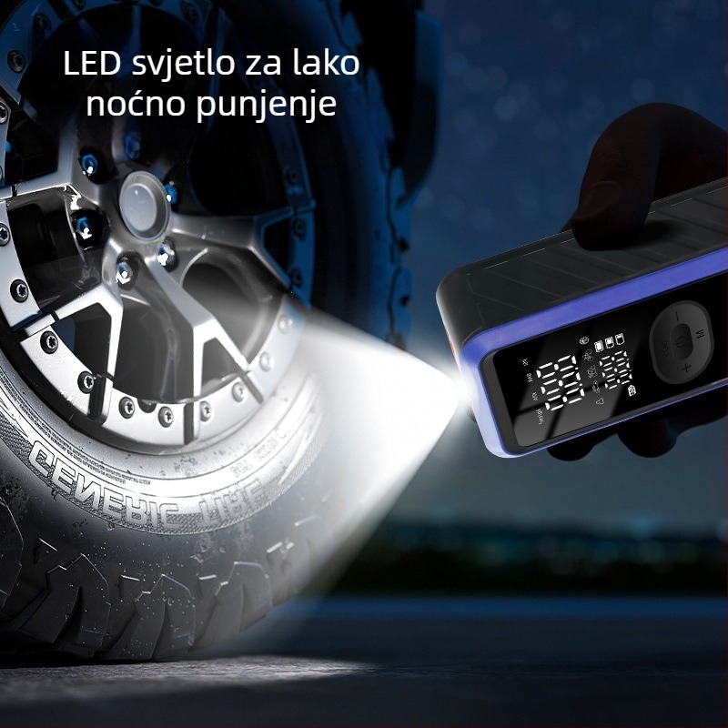 Automobilski hitni pokretač s ugrađenom pumpom za zrak (70 L/min), digitalni zaslon, manometar tlak u gumama i USB-C punjenje