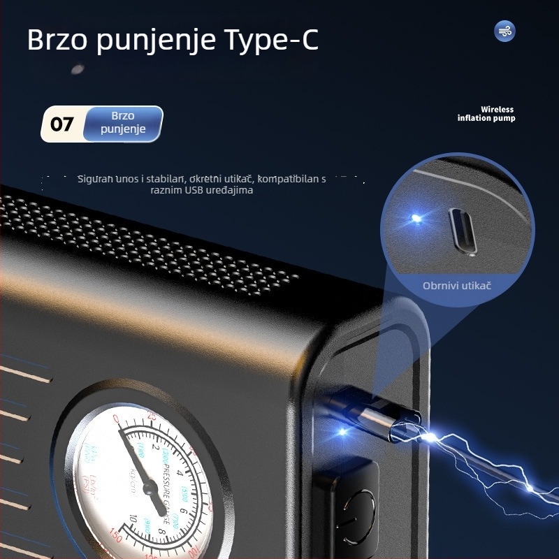Bežična automobilska pumpa za zrak s manometrom, 12V, 220W, 30 L/min, radno trajanje 5–20 minuta