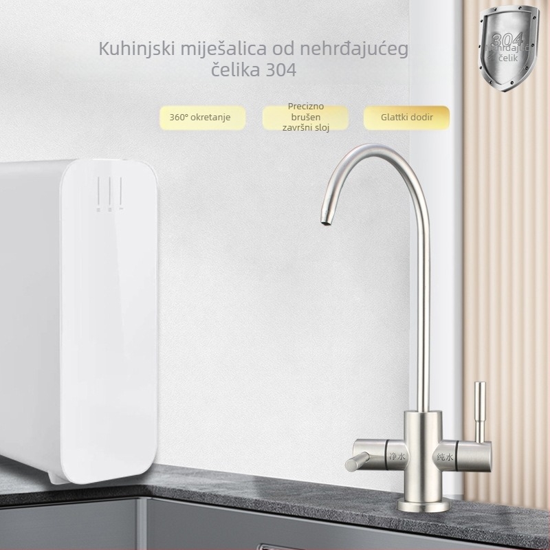 Kuhinjska slavina od nehrđajućeg čelika 304 za izravnu pitku vodu, dvostruka ručica i keramički ventil, model 304-50, brušena površina