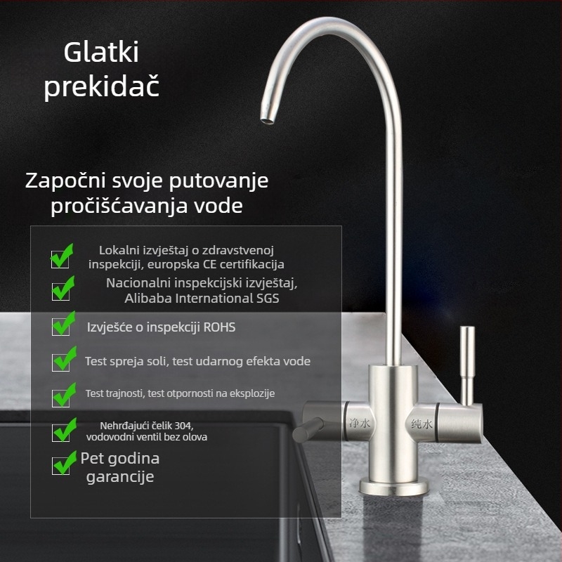 Kuhinjska slavina od nehrđajućeg čelika 304 za izravnu pitku vodu, dvostruka ručica i keramički ventil, model 304-50, brušena površina