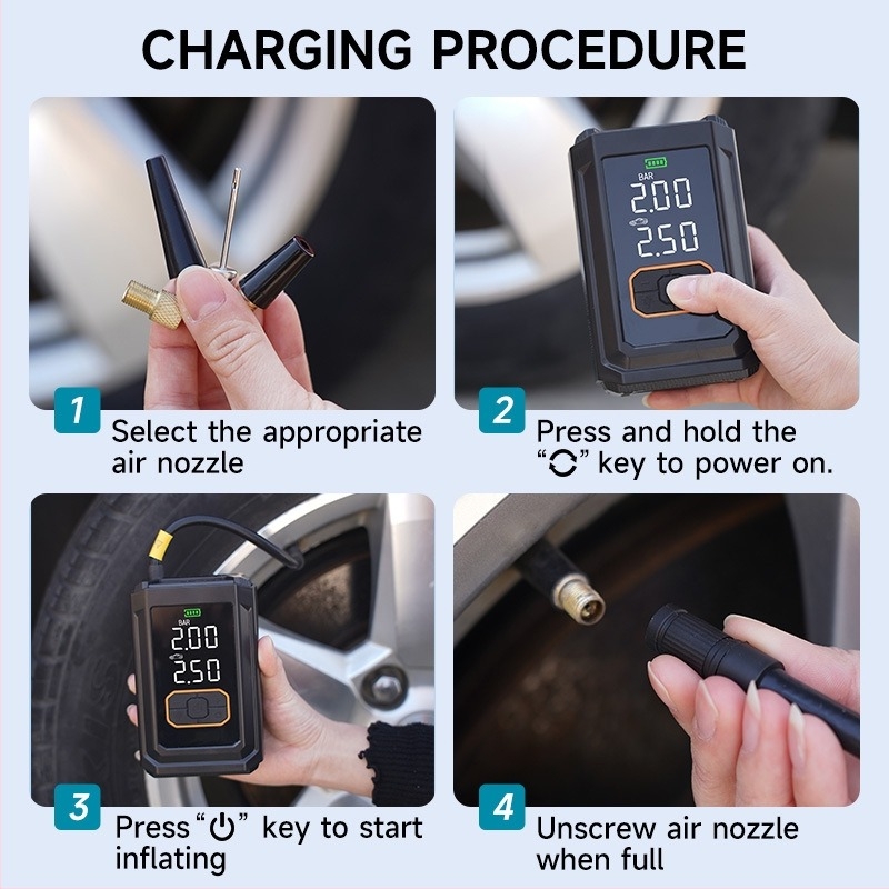 Prijenosna pumpa za automobil s digitalnim zaslonom, bežično napajanje (12V, 40 L/min, Mjerilica tlaka u gumama)