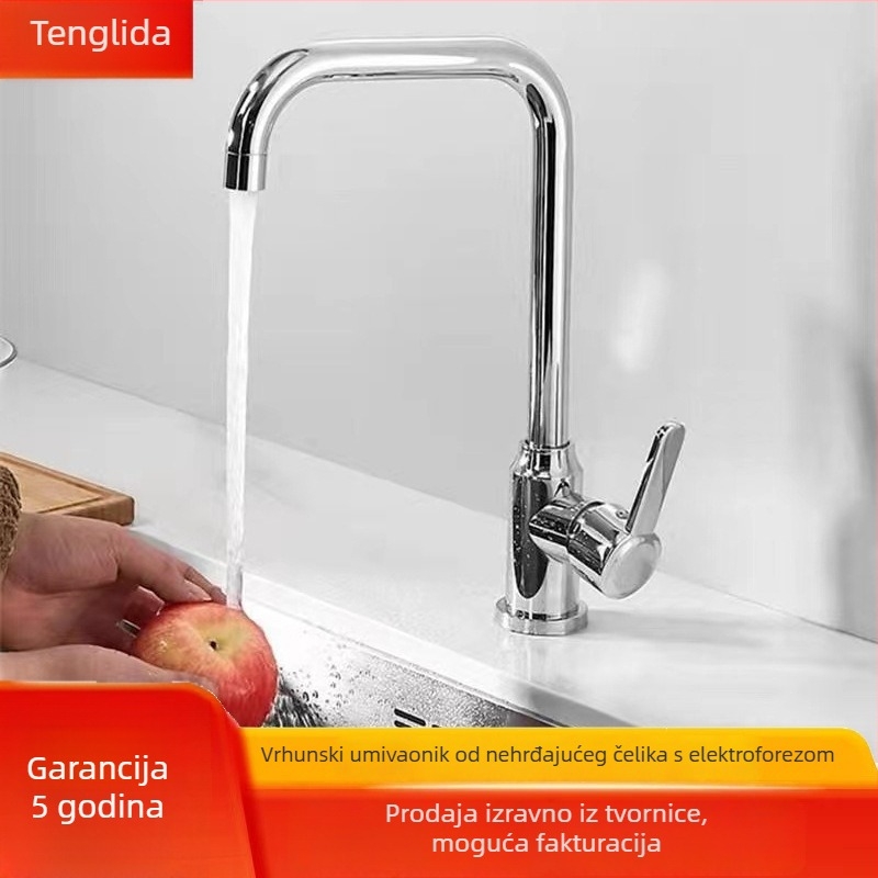 Nehrđajući čelični kuhinjski miješajući ventil, elektroplatirani završetak, keramičko jezgro ventila, Ø4 ulaz/izlaz, 0–99°C