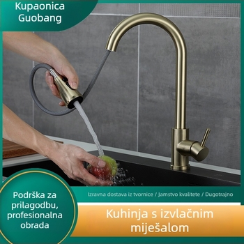 Izvušna kuhinjska slavina, nehrđajući čelik 304, model 02, keramički jezgreni ventil, brušeni završetak