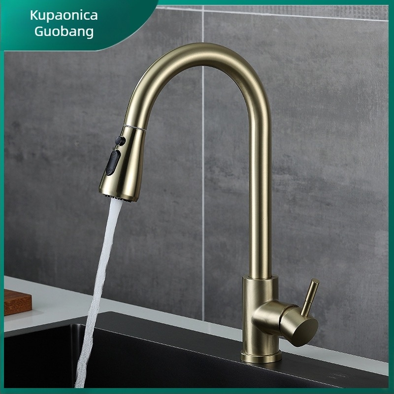 Izvušna kuhinjska slavina, nehrđajući čelik 304, model 02, keramički jezgreni ventil, brušeni završetak