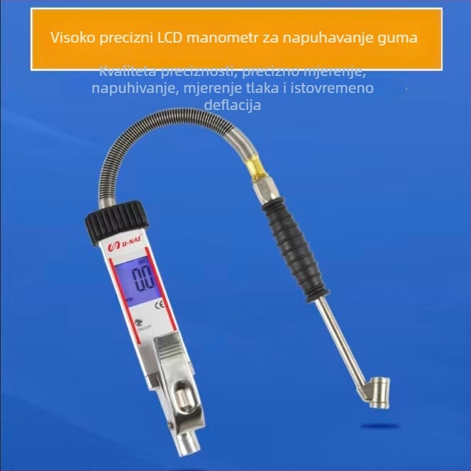 LCD elektronički pištolj za napuhavanje/ispuhivanje guma s digitalnim manometrom, aluminijska legura, raspon 0-255 PSI, točnost 0,5 PSI