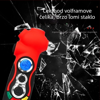 Auto hitni višefunkcijski alat: razbijač stakla, rezac pojasa, LED svjetlo, bljeskalica, deflator zraka, manometar tlaka u gumama, mjerač dubine profila, magnet — tlak 5–150 psi, PSI/BAR, ±1% preciznost