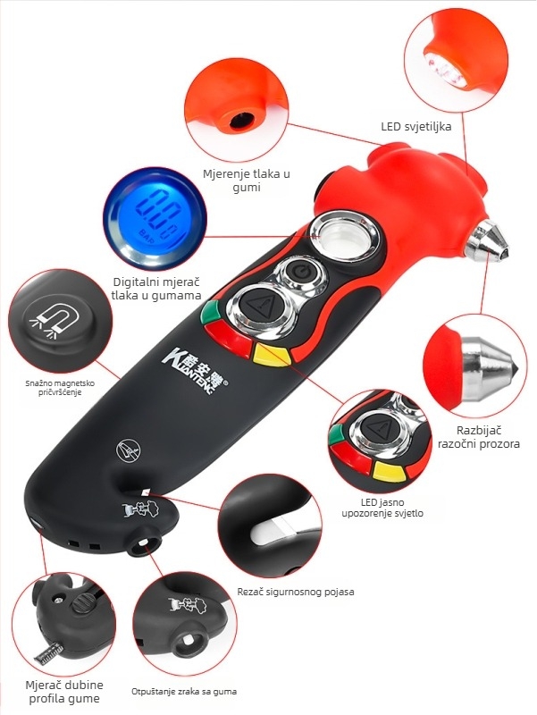 Auto hitni višefunkcijski alat: razbijač stakla, rezac pojasa, LED svjetlo, bljeskalica, deflator zraka, manometar tlaka u gumama, mjerač dubine profila, magnet — tlak 5–150 psi, PSI/BAR, ±1% preciznost