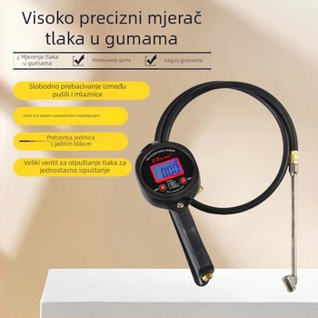 Digitalni mjerač tlaka u gumama s inflacijskom šipkom i nastavkom, raspon 0-255 psi, točnost 0,5 psi, tijelo od najlonskih vlakana, jedinice psi/bar/kgf