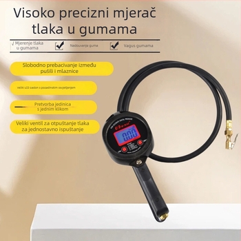 Digitalni mjerač tlaka u gumama s inflacijskom šipkom i nastavkom, raspon 0-255 psi, točnost 0,5 psi, tijelo od najlonskih vlakana, jedinice psi/bar/kgf