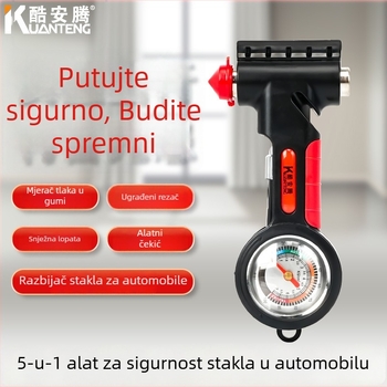5-u-1 hitni alat: razbijač prozora, višenamjenski čekić, rezac sigurnosnog pojasa, mjerač tlaka u gumama (10-100 psi), snježna lopata