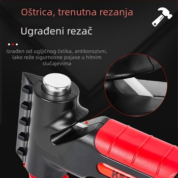5-u-1 hitni alat: razbijač prozora, višenamjenski čekić, rezac sigurnosnog pojasa, mjerač tlaka u gumama (10-100 psi), snježna lopata
