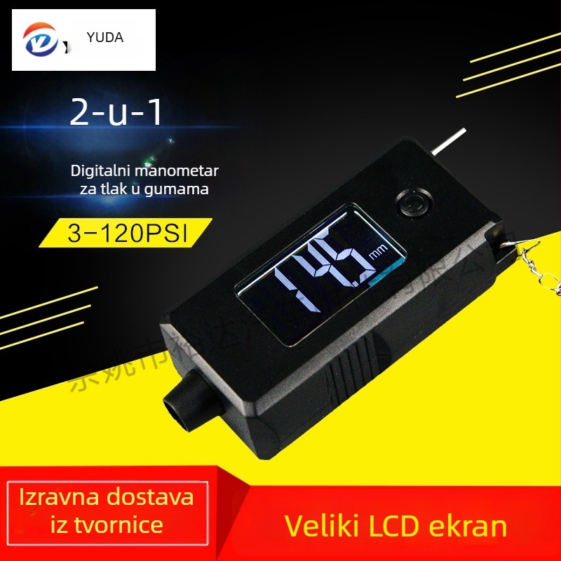 Dvostruki digitalni mjerač tlaka u gumama i mjerač dubine profila — raspon 3–120 psi, točnost ±1 psi, rezolucija 0,5 psi, ABS, CR2032 baterija