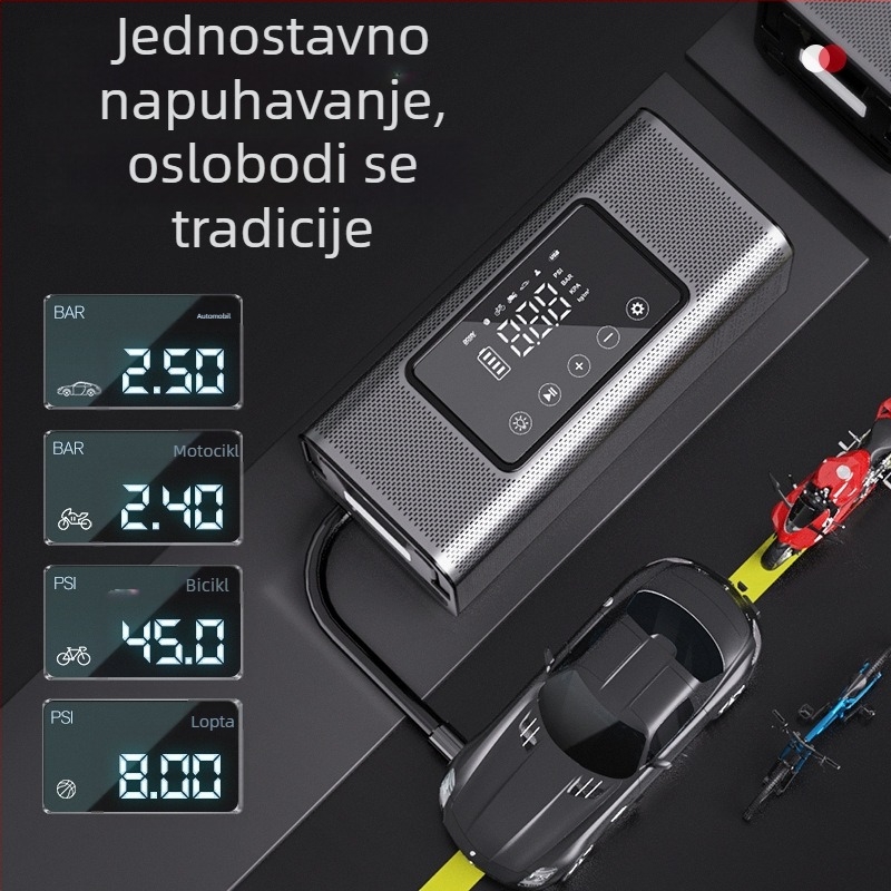 Pumpa za zrak u vozilu s dvostrukim cilindrima, 12V, 120W, 35 L/min, bežično punjenje, digitalni displej