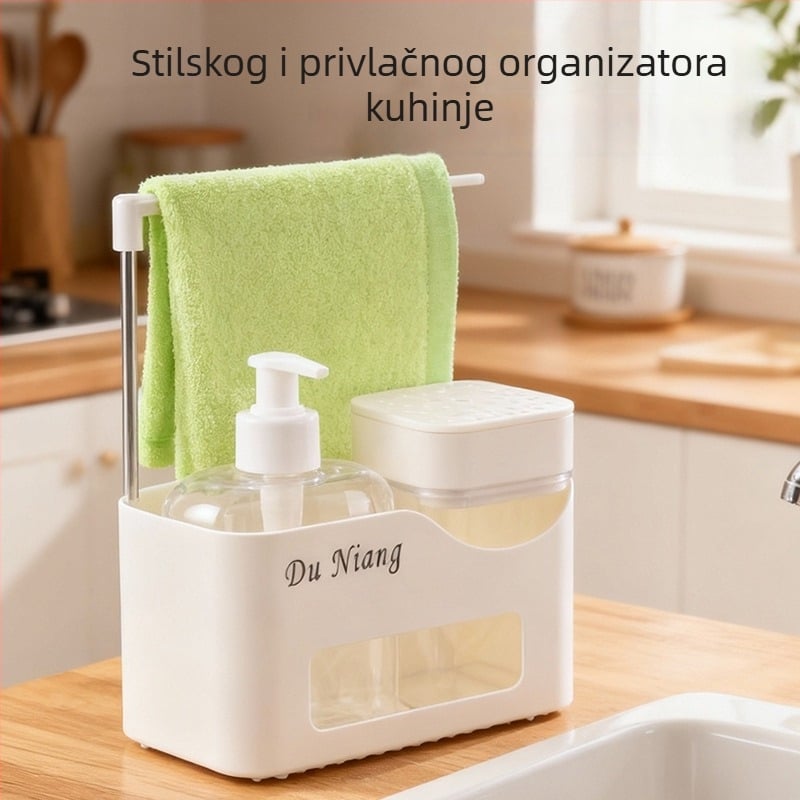 Set kuhinjskog organizera: Dozator dezinfekcije ruku, Kutija tekućine za pranje posuđa, Kutija sapuna, Držač ručnika — ABS, 371 g, injekcijsko oblikovanje, moderan stil, bez bušenja