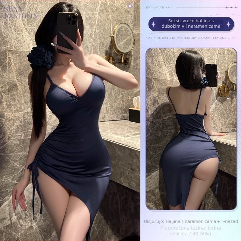 Seksi ženska noćna haljina s dubokim V izrezom, visokim prorezom i dugom suknjom s naramenicama – Stil uniforme, Poliester 90–95%, Za žene, Izlazak: Jesen 2025