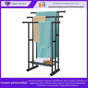 Slobodno stojeći stalak za ručnike s 3 razine i košarom, željezna konstrukcija, završna obrada pečene boje, nosivost 30 kg