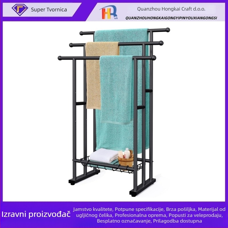 Slobodno stojeći stalak za ručnike s 3 razine i košarom, željezna konstrukcija, završna obrada pečene boje, nosivost 30 kg