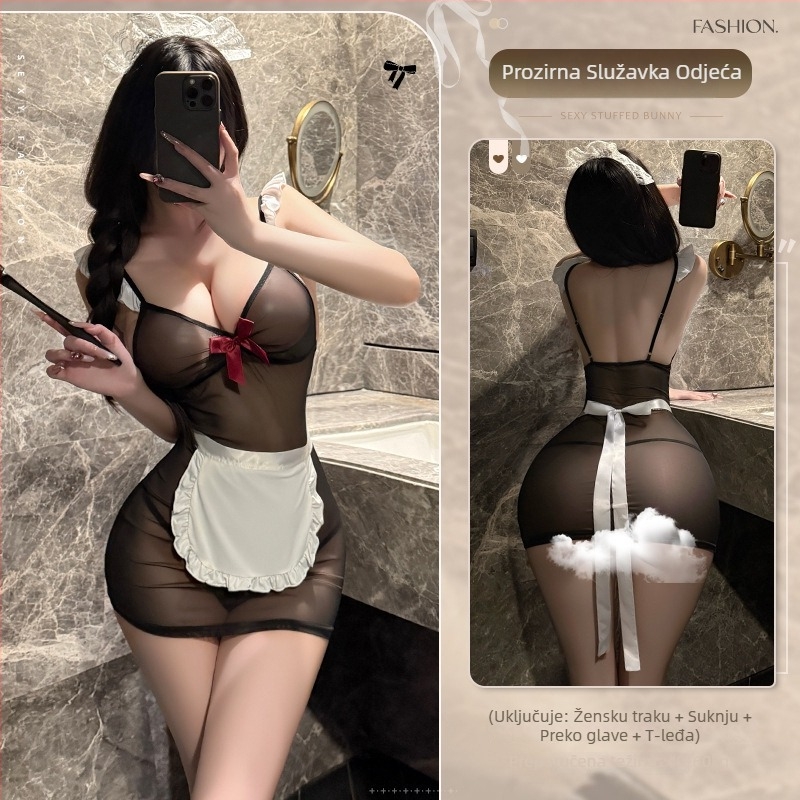 Seksi žensko donje rublje u stilu sobarice, prozirne naramenice, mašna, duboki V, 80–90% poliester