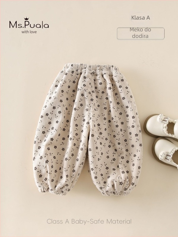 Dječje hlače s fleece podstavom — šumski stil, nježne na kožu, ležerno; srednji struk s elastikom; vanjski materijal 100% poliester, unutarnji 94,8% poliester + 5,2% spandex; za dob 1–3 godine; pogodno za proljeće do zime