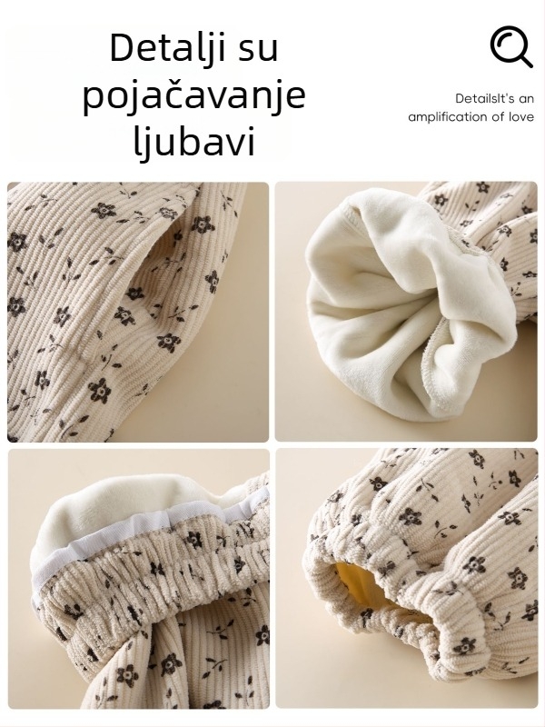Dječje hlače s fleece podstavom — šumski stil, nježne na kožu, ležerno; srednji struk s elastikom; vanjski materijal 100% poliester, unutarnji 94,8% poliester + 5,2% spandex; za dob 1–3 godine; pogodno za proljeće do zime