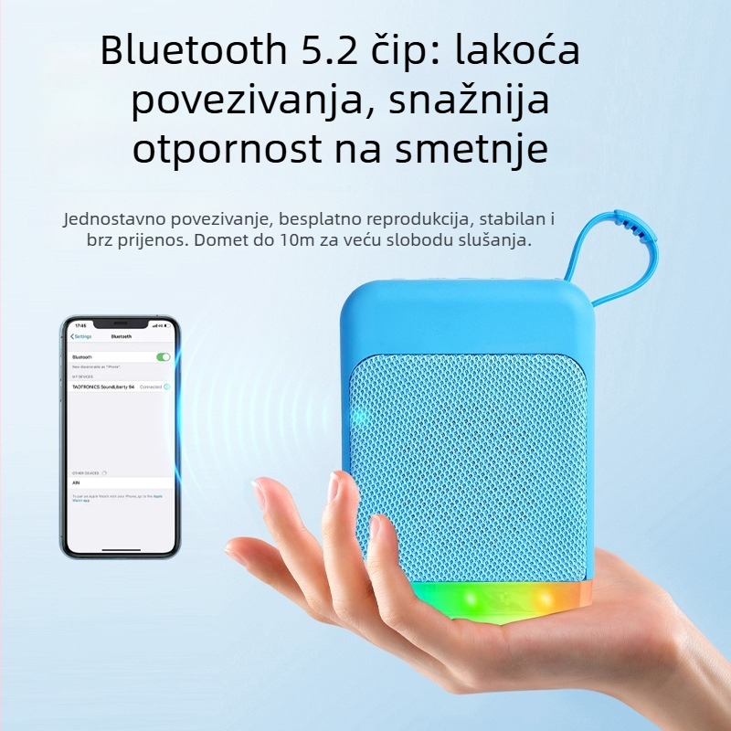 RGB Bluetooth zvučnik s radiom, prenosiv IPX3 vodootporan, 5W, ugrađena baterija 1200–2000mAh, Bluetooth 5.2, 100Hz–20kHz