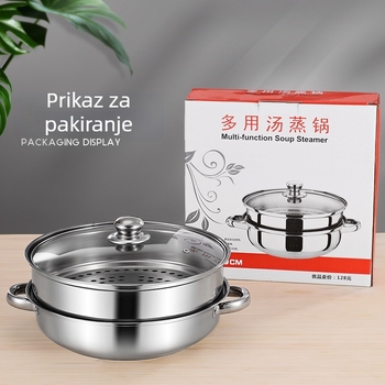 Nehrđajući čelični višefunkcionalni posuda za parenje juhe, dvostruki sloj parne posude, kompatibilan s plinskim i indukcijskim pločama, oprema za bufet, prilagodba logotipa, ovlaštena privatna marka, vrhunska kvaliteta