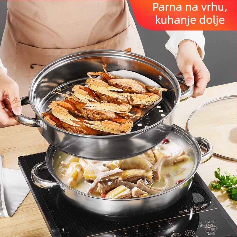 Nehrđajući čelični višefunkcionalni posuda za parenje juhe, dvostruki sloj parne posude, kompatibilan s plinskim i indukcijskim pločama, oprema za bufet, prilagodba logotipa, ovlaštena privatna marka, vrhunska kvaliteta