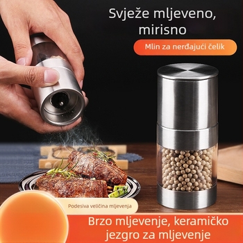 Ručni mlin za papar i morsku sol od nehrđajućeg čelika, s otisnutim logom, lansiran u proljeće 2014., moderan minimalistički stil, hotelska kuhinja.