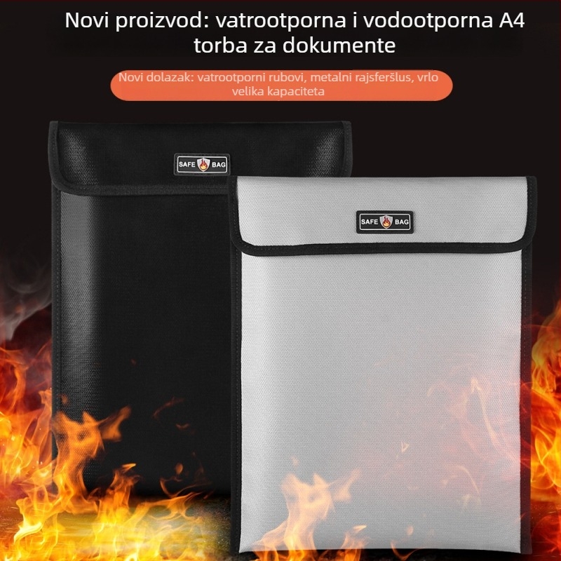 Dokument torba s silikoniziranim vlaknima od stakla, dvostrano vatrootporna i vodootporna, sa zatvaračem. Marka: Neutral; Materijal: vlakna od stakla s premazom; Stil: zatvarač; Težina: 245 g; Debljina: 10