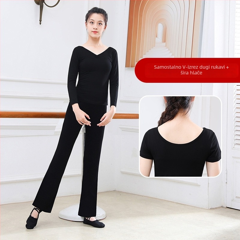 Ženski dvodijelni plesni set: top i hlače s ravnim krojem i mikro‑flare nogavicama; materijal modal-pamuk (95% pamuka) s podstavom od pamuka 95%; Pogodno za ljeto i proljeće, za scenu i balet