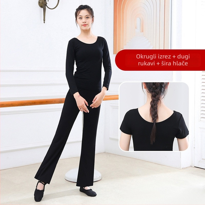 Ženski dvodijelni plesni set: top i hlače s ravnim krojem i mikro‑flare nogavicama; materijal modal-pamuk (95% pamuka) s podstavom od pamuka 95%; Pogodno za ljeto i proljeće, za scenu i balet