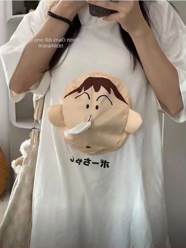 Unisex kratkih rukava pamuk majica s anime kolazom, ležernog kroja, okrugli ovratnik, srednja duljina