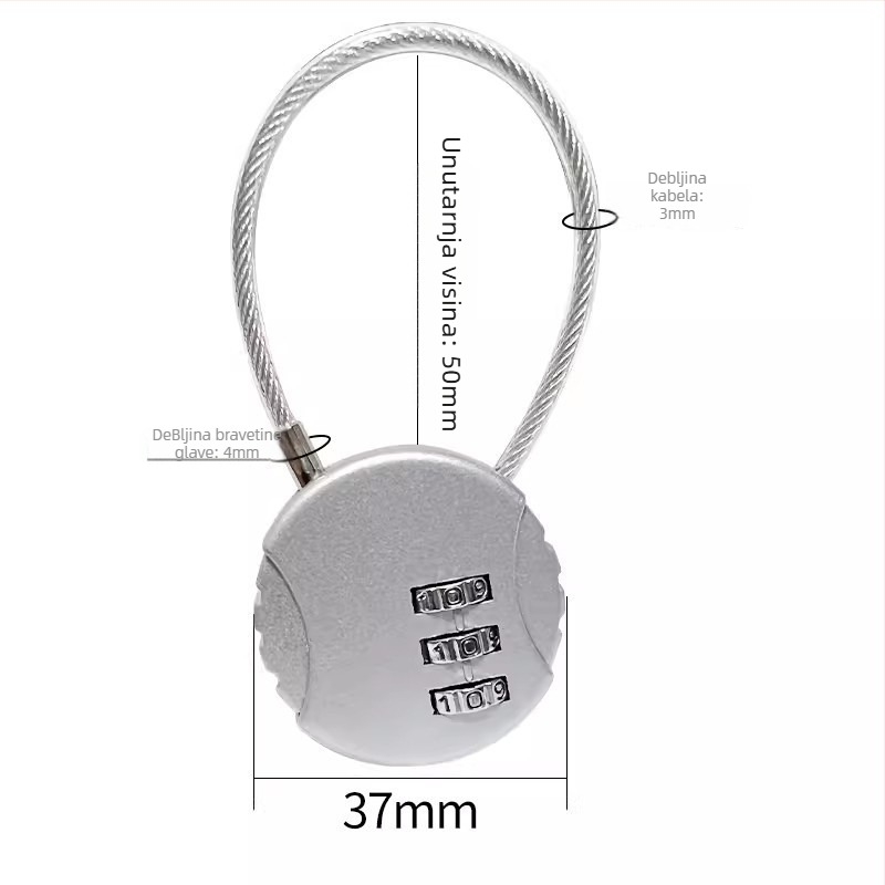 Brojevna sigurnosna brava od čelične žice za fitness ormariće, koševe, kacige i torbe — kućište od cinkove legure, model Wire Lock, debljina šipke 3 mm, razmak 20 mm