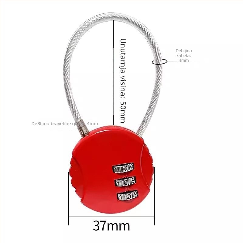 Brojevna sigurnosna brava od čelične žice za fitness ormariće, koševe, kacige i torbe — kućište od cinkove legure, model Wire Lock, debljina šipke 3 mm, razmak 20 mm