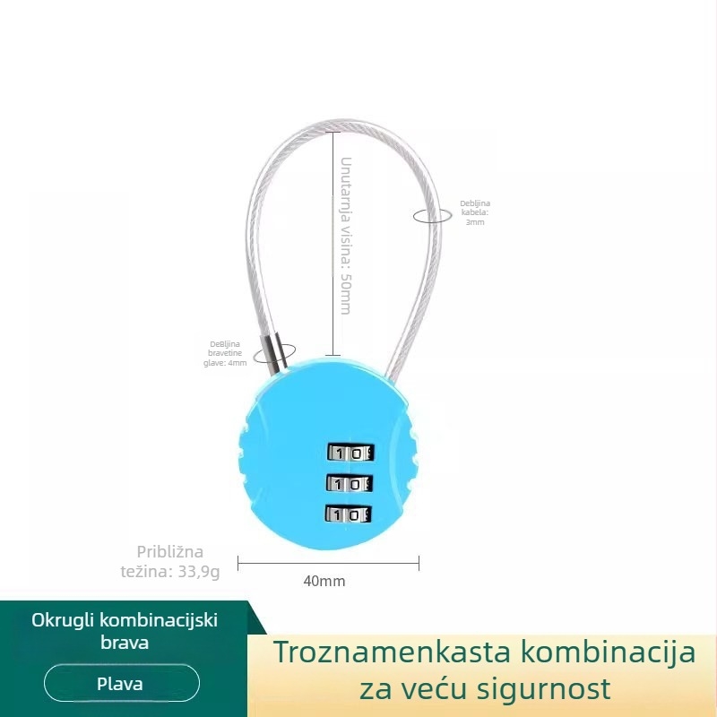 Brojevna sigurnosna brava od čelične žice za fitness ormariće, koševe, kacige i torbe — kućište od cinkove legure, model Wire Lock, debljina šipke 3 mm, razmak 20 mm
