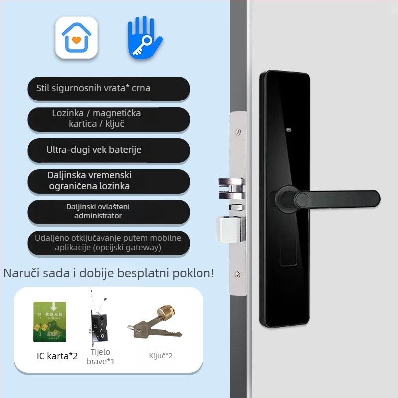 Pametna brava za ulazna vrata za apartmane i gostinjske kuće, aluminijska legura, model A6, otisak prsta, lozinka, kartica, ključ i daljinsko upravljanje mobilnom aplikacijom
