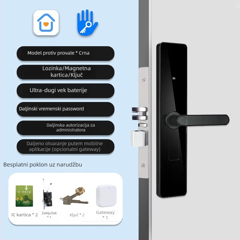 Pametna brava za ulazna vrata za apartmane i gostinjske kuće, aluminijska legura, model A6, otisak prsta, lozinka, kartica, ključ i daljinsko upravljanje mobilnom aplikacijom