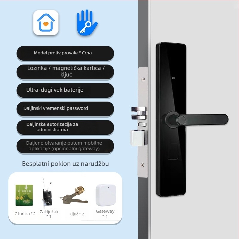 Pametna brava za ulazna vrata za apartmane i gostinjske kuće, aluminijska legura, model A6, otisak prsta, lozinka, kartica, ključ i daljinsko upravljanje mobilnom aplikacijom